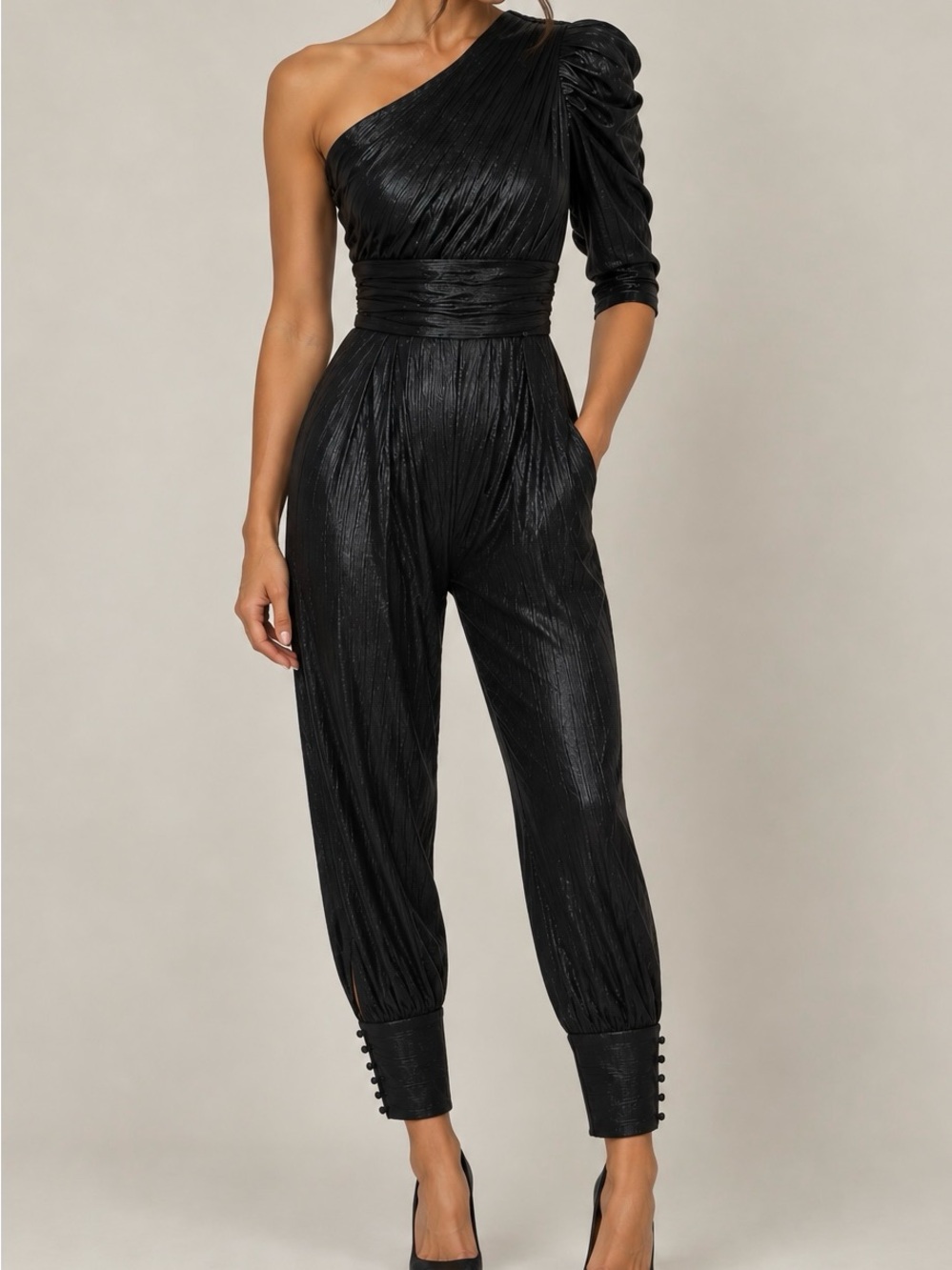 Retrofete One-Shoulder Black Pleated Jumpsuit